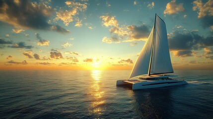wide-angle sleek catamaran motor boat gracefully slicing through sparkling ocean, its white sails billowing in gentle breeze as sun began to set on a balmy summer evening. High Image