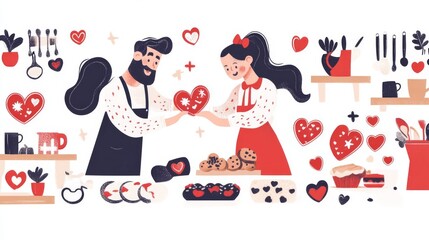 Cheerful bakers preparing heart-shaped cookies with love.