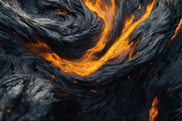 A top-down view of a lava flow in an abstract style, with swirling patterns and glowing embers. The texture is ruggedly textured, capturing the dynamic motion of molten rock.