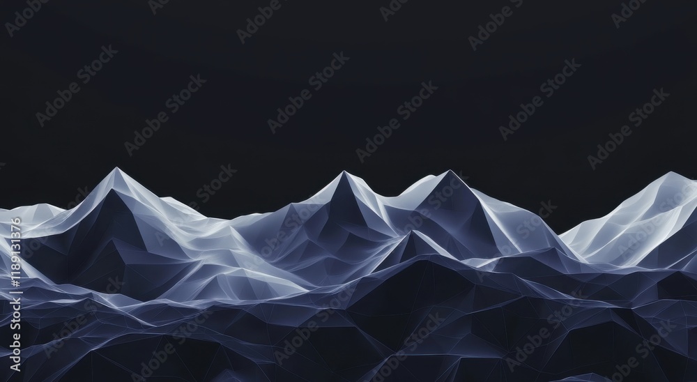 Poster A dark background with low poly white mountains in the foreground, creating an abstract and futuristic landscape.