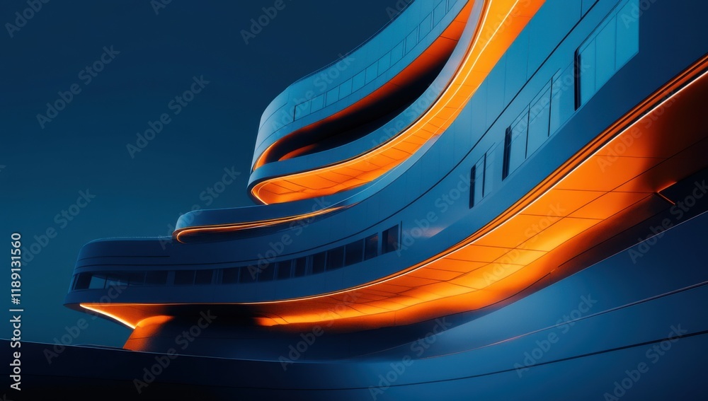 Poster a futuristic building with an orange and blue gradient, illuminated by led lights, showcases sleek l