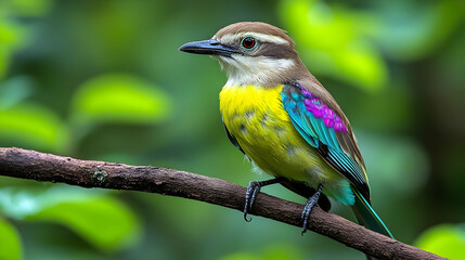 Fototapeta premium Vibrant Tropical Bird Perched on Branch in Lush Green Foliage