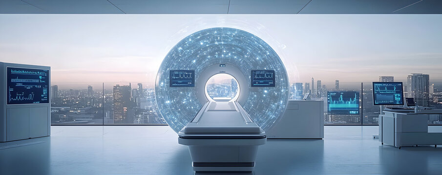 MRI scan, city view, futuristic clinic