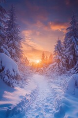 Trees covered by heavy snow in winter forest