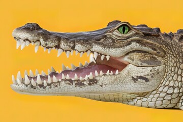 Obraz premium crocodile head with toothy mouth and green eye close up on a yellow background