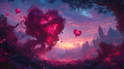 Obraz premium Glowing Heart Tree in a Fantasy Landscape with Floating Hearts
