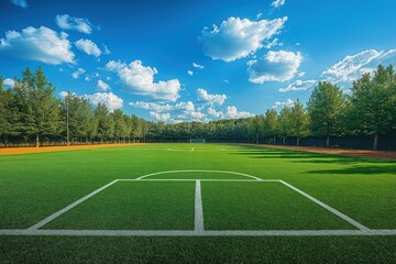 Empty soccer field under a clear blue sky. Lush green grass covers the playing area marked with white lines for the game. Trees line the edges of the field. Perfect day for a soccer game.