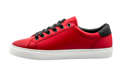 Red sneaker with low top and white sole, black laces, and textured material on the side, white background,PNG
