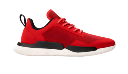 Red athletic sneaker with low tops, ultra-high resolution, and white soles on the front view of an adult shoe against a plain background PNG