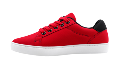 Red athletic sneaker with low tops, ultra-high resolution, and white soles on the front view of an adult shoe against a plain background.PNG
