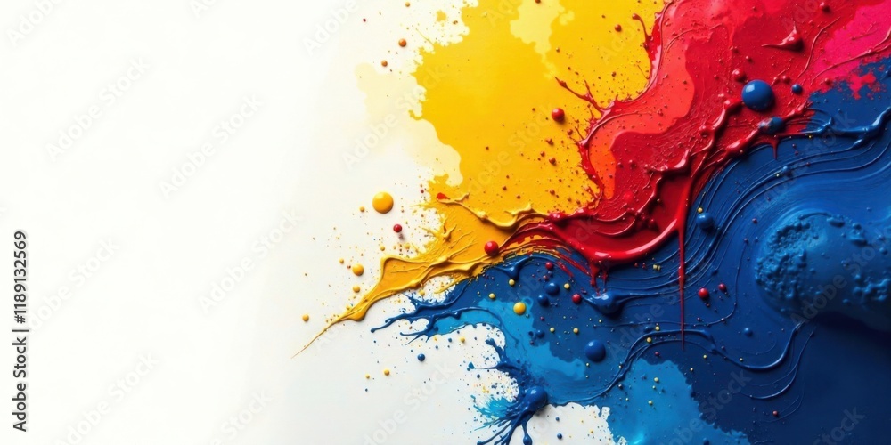 Poster abstract colorful paint explosion dynamic swirls and splashes of yellow, red, and blue pigments on w