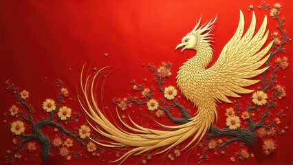 Obraz premium Golden Phoenix Bird & Flowers Asian Art - Asian Art & Culture