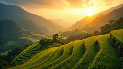 Fototapeta premium Golden Rice Terraces Sunset Landscape - Golden hour photography