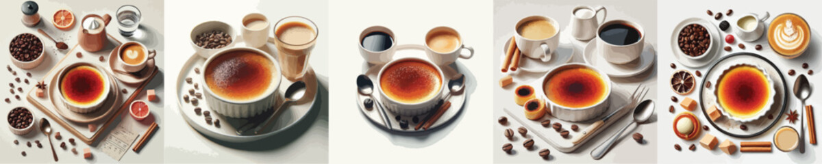 collection of creme brulee dishes and sweet drinks
