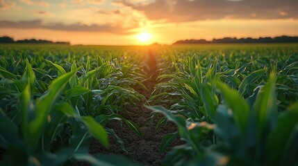 Vibrant sunset over lush green cornfield, showing rows of young plants.