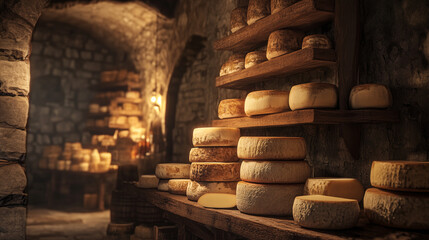 Cheese wheels aging on rustic wooden shelves in a traditional stone cellar