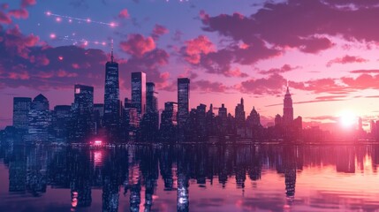 Fototapeta premium cityscape at dusk with a purple and pink sky reflected in water