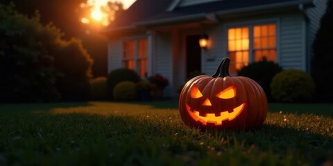 A glowing jack-o'-lantern sits on the lawn before a house at dusk