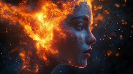 Abstract illustration of fiery emotion. Woman face covered in glowing energy. Fiery aura surrounds face. Dynamic, vibrant colors. Creative abstract representation of passion, energy. Visual display