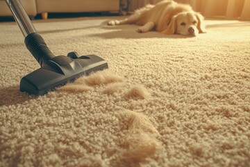 A Vacuum Cleaner Hose Focusing on Pet Hair Removal from Cream Carpet in Warm Afternoon Lighting with a Dog Relaxing Nearby