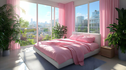 Pink bedroom, city view, sunrise, luxury apartment