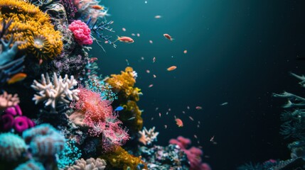 Fototapeta premium a mesmerizing underwater wonderland of colorful coral reefs and exotic sea creatures, white space in the center of the page for text, bold and dynamic hues against a dark aquatic backdrop
