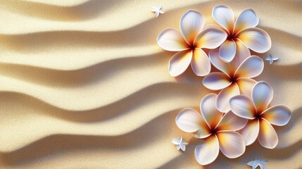 Naklejka premium Digital Illustration of Tropical Plumeria Flowers on Sandy Background