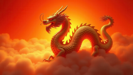 Obraz premium Majestic Golden Dragon in Clouds - Mythical Creatures
