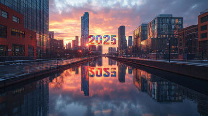 Fototapeta premium Modern cityscape canal at dawn 2025