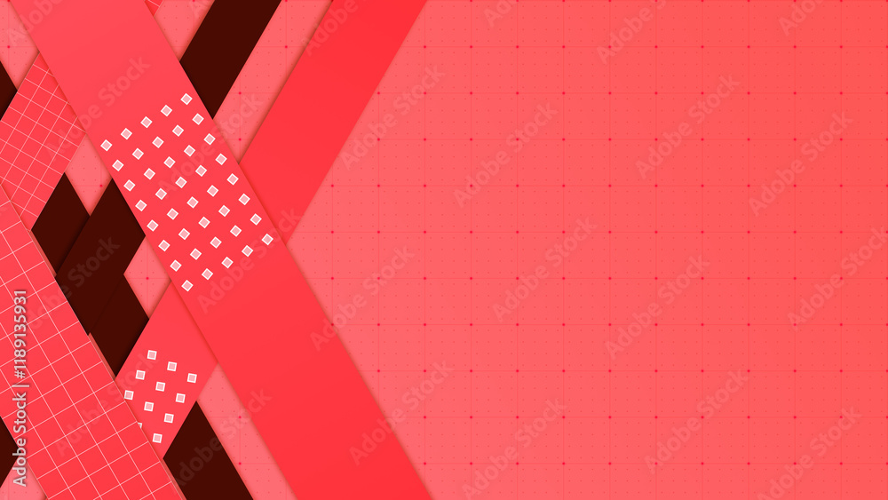 Poster red and gray shapes at the left of a dot grid gradient abstract background, horizontal composition. 