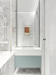 Interior design of a small bathroom with white tiles. Brick tiles on the wall. White shower system and white faucet. Large mirror