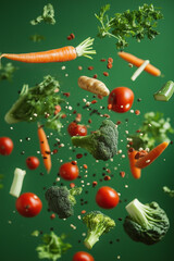 Fresh vegetables fly through the air.  Solid green background.