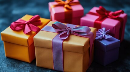 Obraz premium Three colorful gift boxes with decorative bows arranged on a white background for festive celebrations valentine day