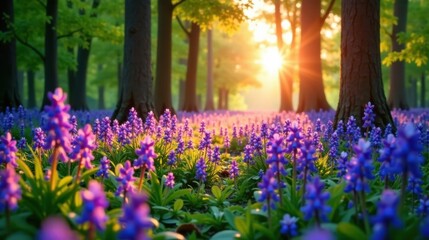 Obraz premium Golden Sunrise Illuminates a Field of Purple Spring Blossoms in a Tranquil Forest