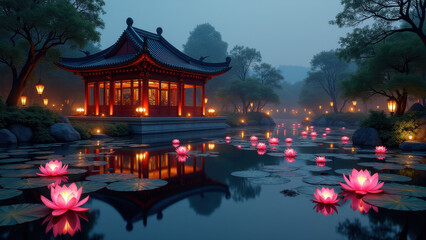Obraz premium Serene Asian Garden at Dusk, Lotus Pond - Asian-inspired aesthetics