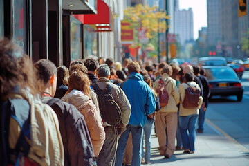 People waiting in line, queued up in line, waiting to buy in a shop, store discount