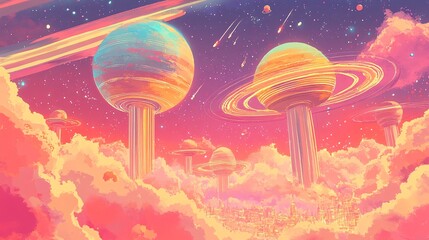 Colorful planetary landscape with vivid clouds in an imaginative setting