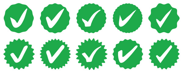Verified badge profile set. Instagram verified badge. Social media account verification icons. Green check mark icon. Profile verified badge. Guaranteed signs