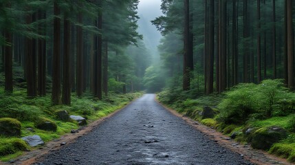 Obraz premium Misty Forest Road Winding Through Tall Trees