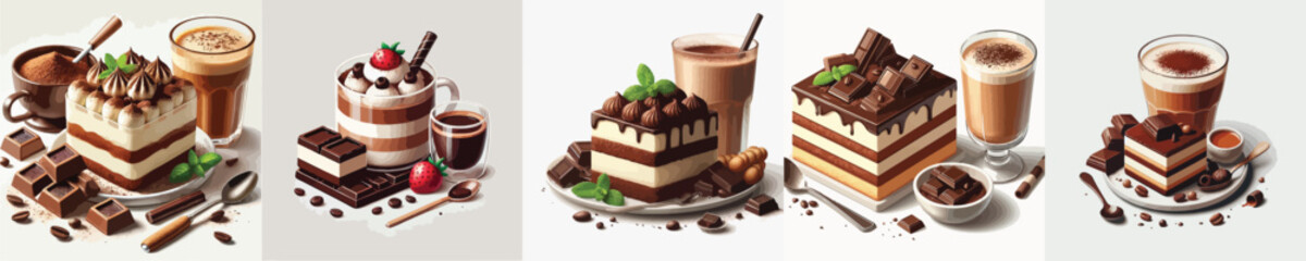 collection of delicious tiramisu and coffee drinks