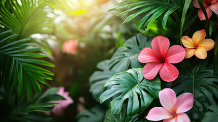 Colorful tropical summer plants and flowers blooming in the sunny garden. exotic floral jungle nature decoration, botanical foliage leaves, hawaii rainforest flora wallpaper print.