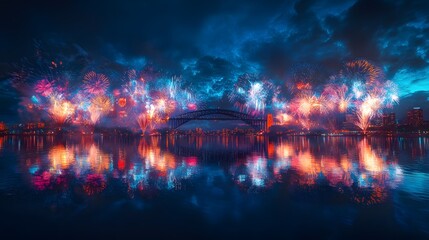 Cityscape fireworks bridge reflection night celebration