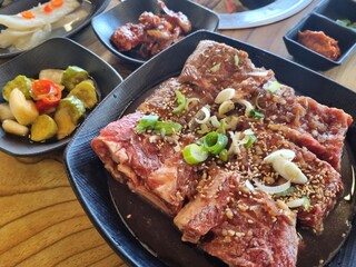 Korean BBQ. Seasoned beef ribs