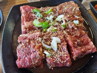 Korean BBQ. Seasoned beef ribs