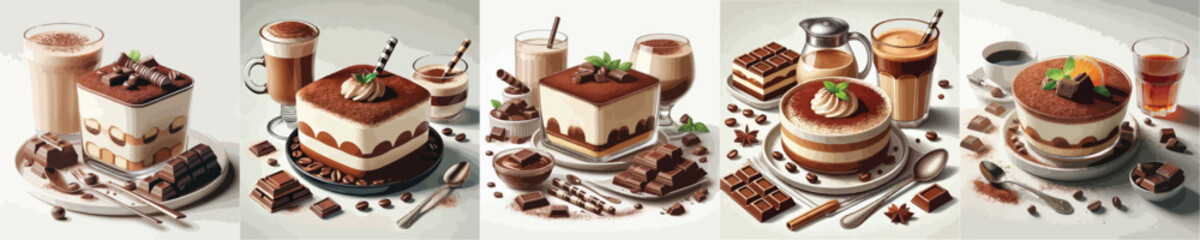 collection of delicious tiramisu and coffee drinks
