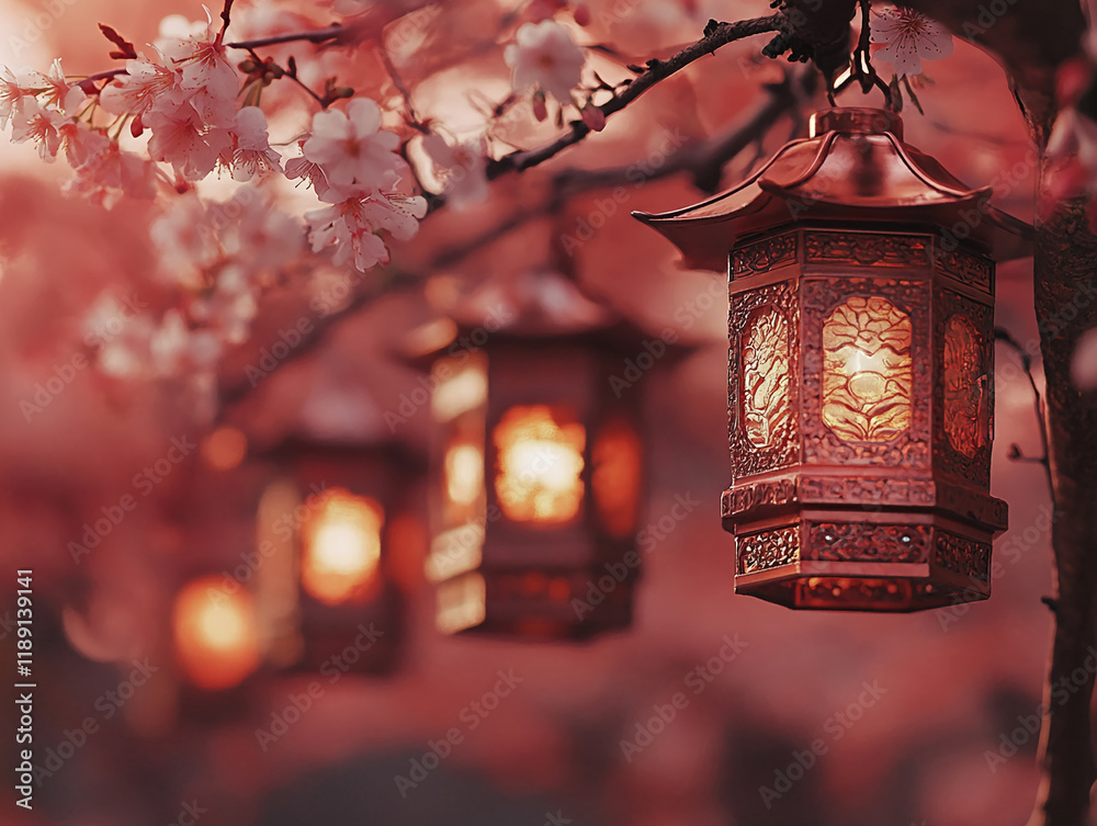 Poster cherry blossoms with glowing lanterns and blurred bokeh effect