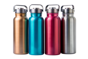 Set of colorful insulated stainless steel water bottles with sleek design, perfect for travel, outdoor activities, and eco friendly hydration