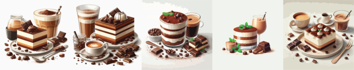collection of delicious tiramisu and coffee drinks