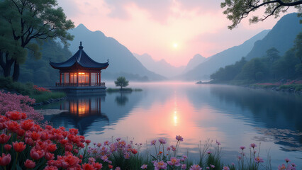 Fototapeta premium Serene Sunrise Pagoda Lake - Soft