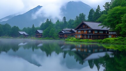 Obraz premium Serene Mountain Lake Houses Reflecting Tranquil Beauty